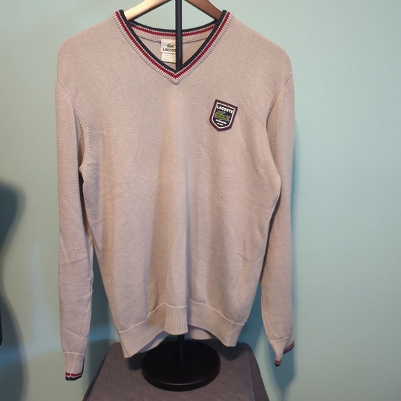 Lacoste Other - Lacoste Men's Cream V-Neck Sweater with Contrast Stripe Trim